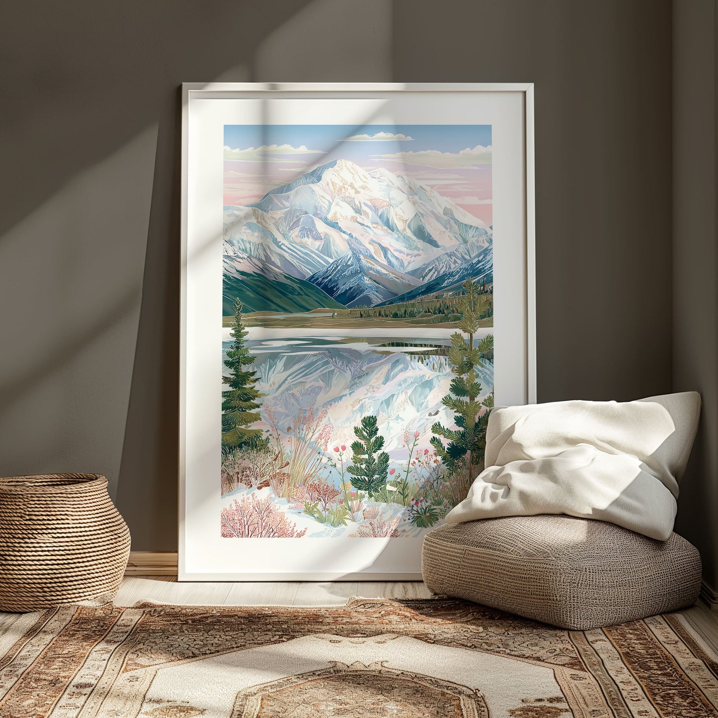 Denali National Park Mountain Poster — Alaska Snowy Peak & Lake Wall Art