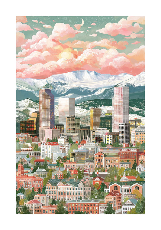 Denver Skyline Poster — Colorado Cityscape Wall Art with Rocky Mountains