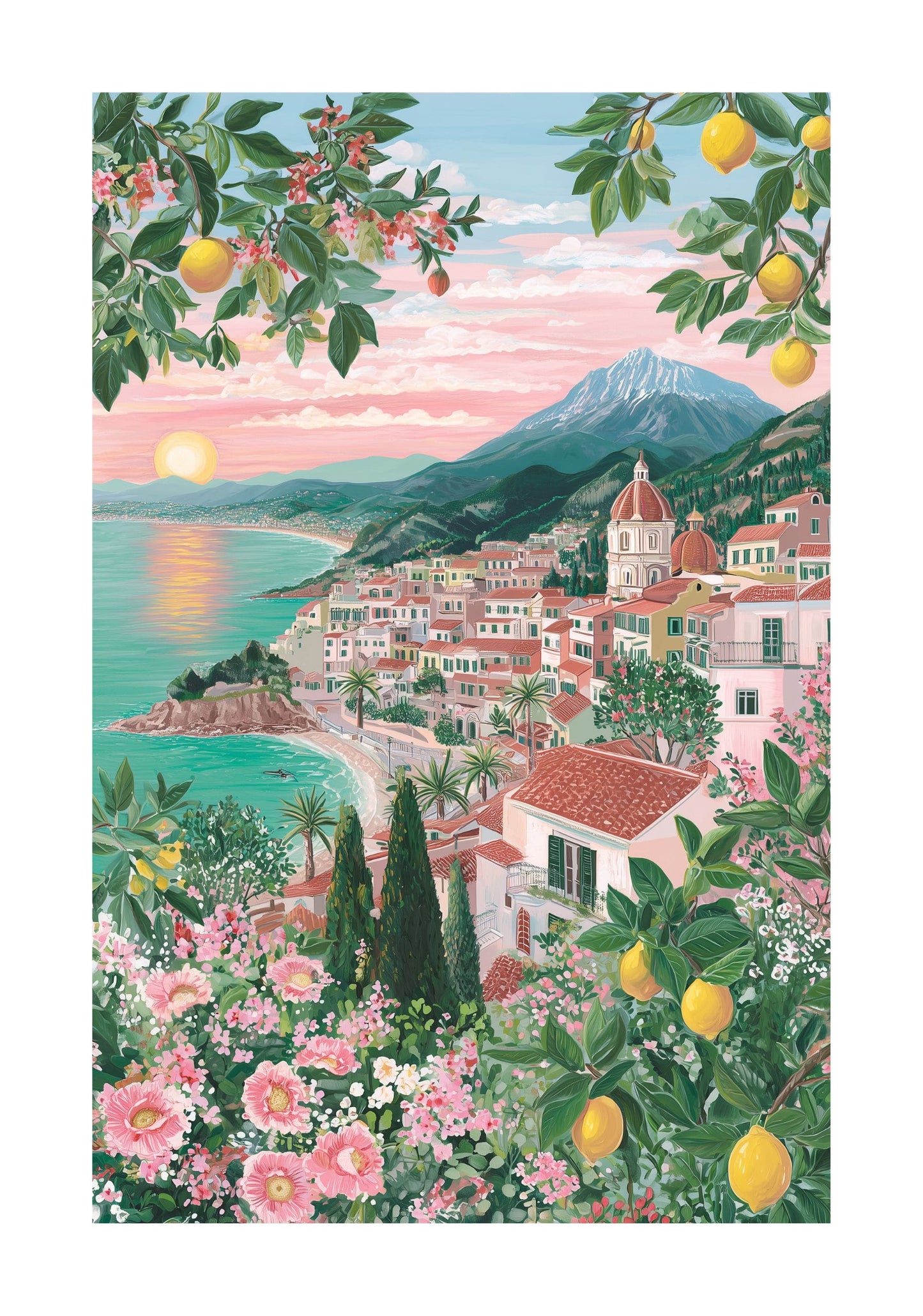 Sicily Coastal Poster — Mediterranean Lemon Summer Wall Art