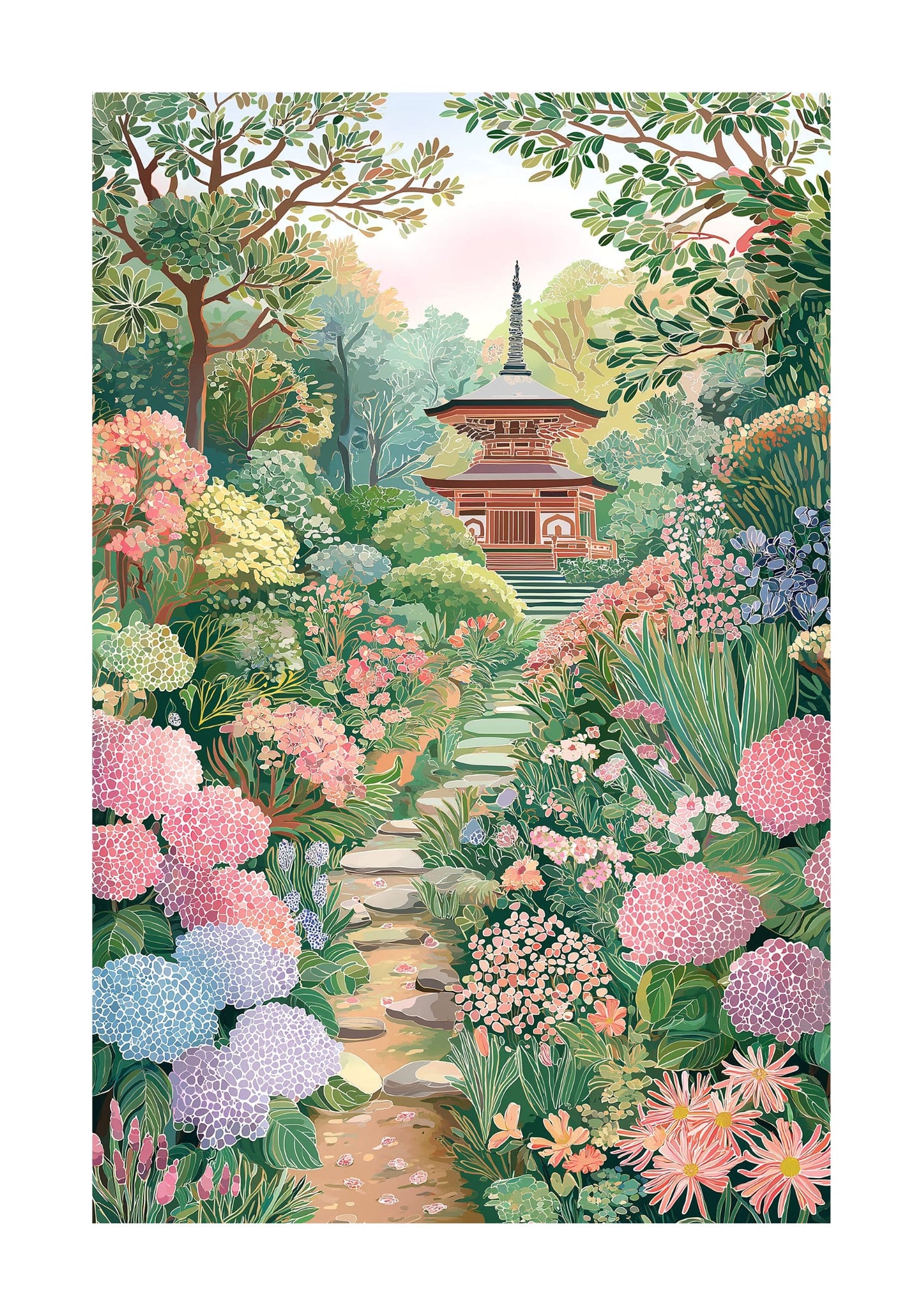 Hydrangea Torii Gate Poster — Kyoto-Inspired Japanese Garden Wall Art