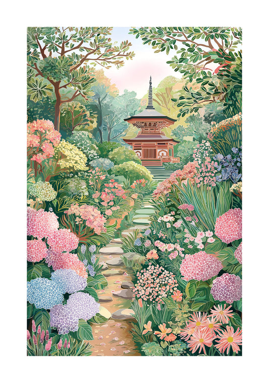 Hydrangea Torii Gate Poster — Kyoto-Inspired Japanese Garden Wall Art