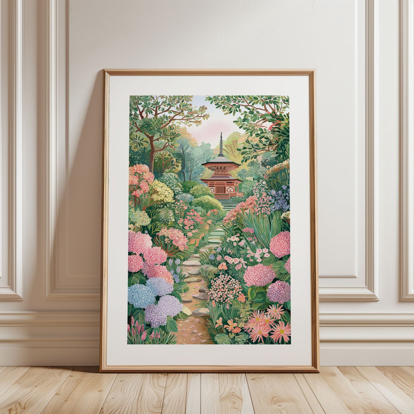 Hydrangea Torii Gate Poster — Kyoto-Inspired Japanese Garden Wall Art