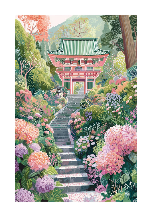 Hydrangea Temple Stairs Poster — Japan Kyoto Cottagecore Floral Wall Art