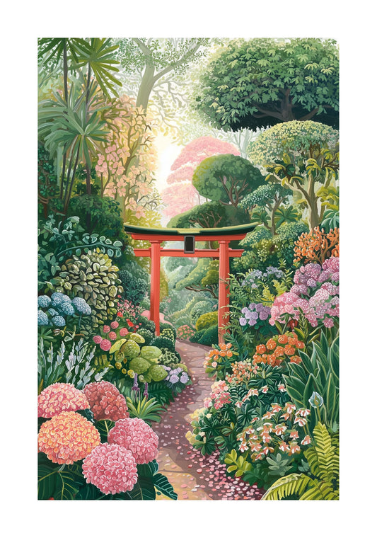 Japan Hydrangea Wall Art Poster — Japanese Garden Temple Landscape, Cottagecore Floral Path Print