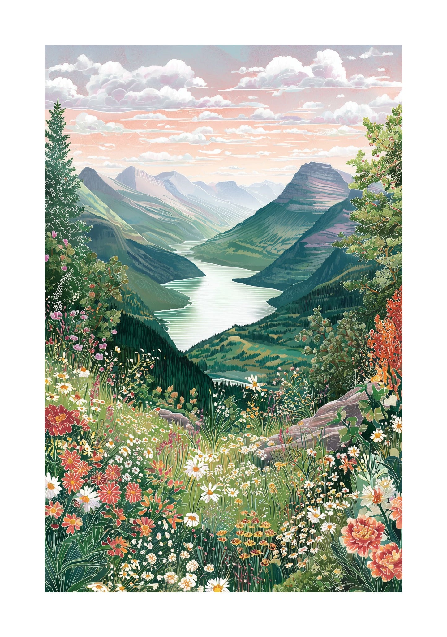 Glacier National Park Mountain Lake Poster — Hidden Lake Overlook Wildflower Print