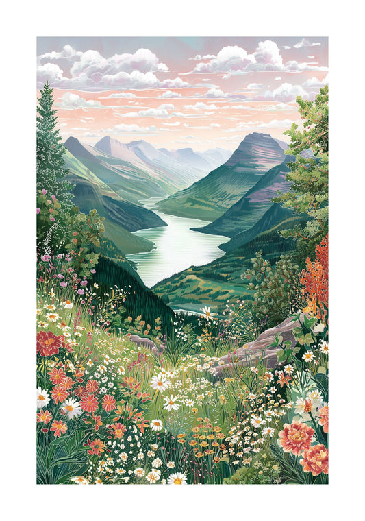 Glacier National Park Mountain Lake Poster — Hidden Lake Overlook Wildflower Print