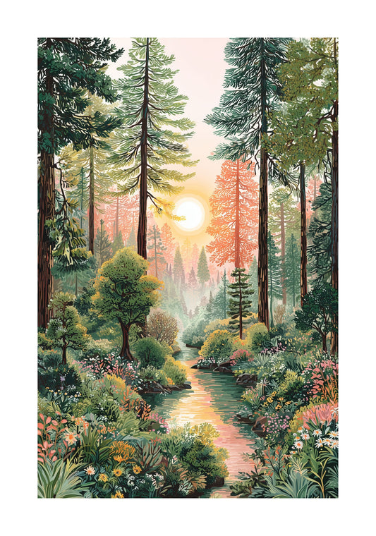 Olympic National Park Forest River Poster — Sunset Woodland Landscape Print
