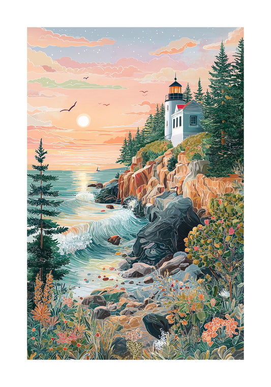 Acadia National Park Poster — Bass Harbor Head Lighthouse Sunset Ocean Travel Print