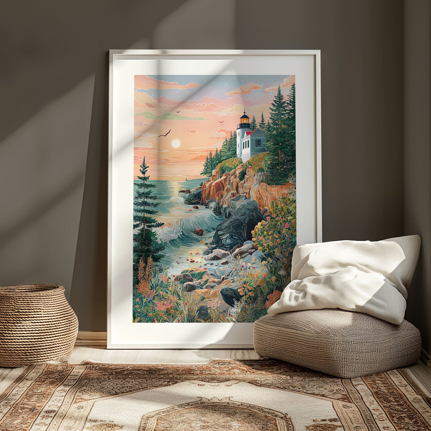 Acadia National Park Poster — Bass Harbor Head Lighthouse Sunset Ocean Travel Print