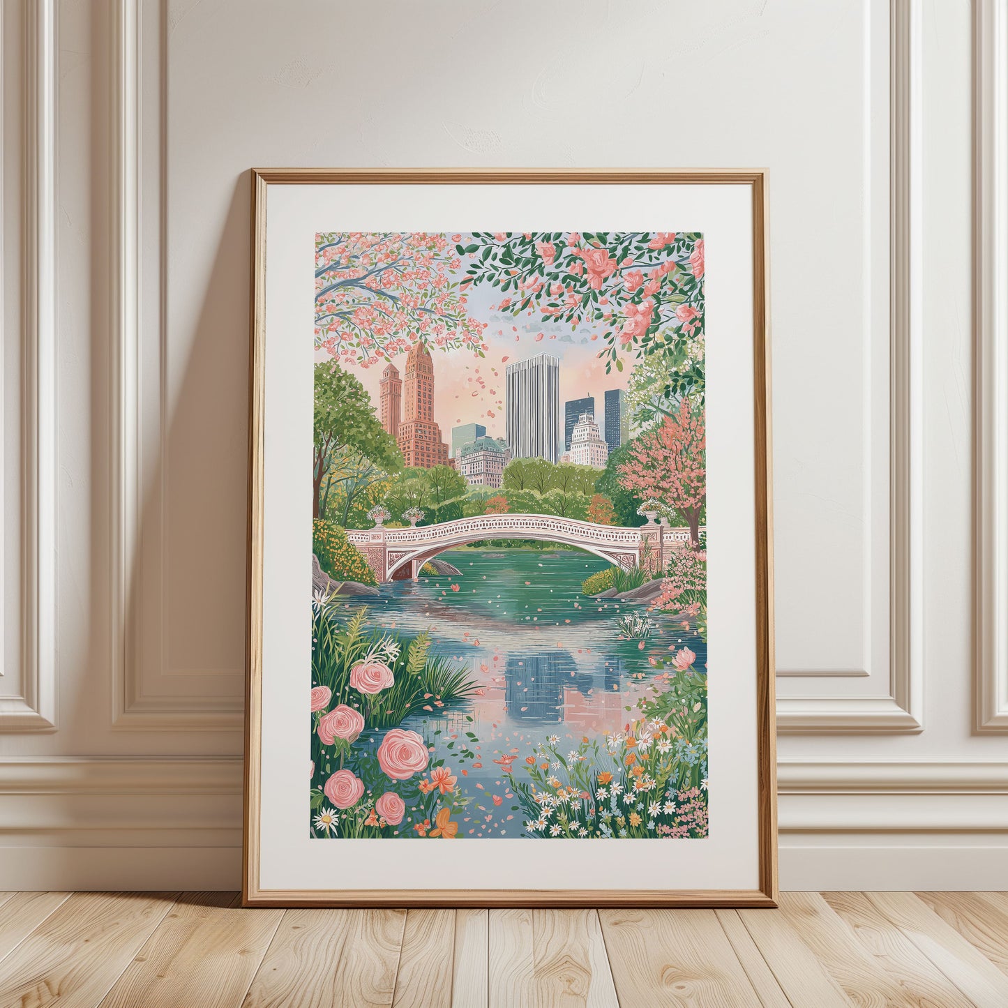 Central Park Bow Bridge Poster — Cherry Blossom NYC Spring Skyline Wall Art