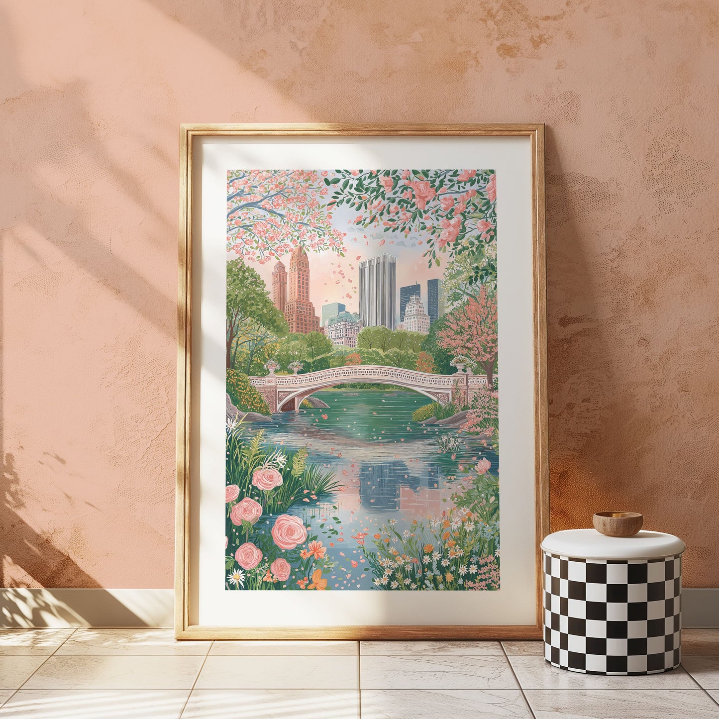 Central Park Bow Bridge Poster — Cherry Blossom NYC Spring Skyline Wall Art