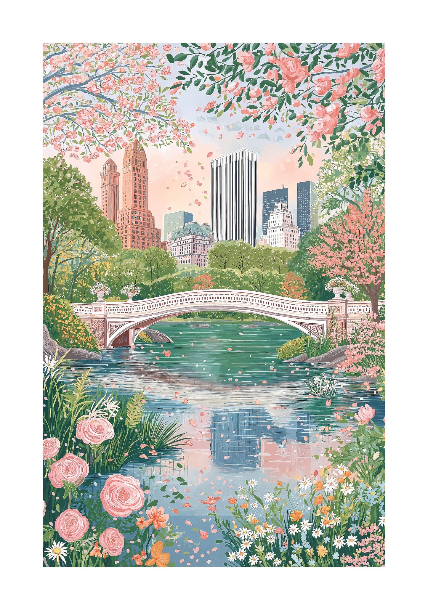 Central Park Bow Bridge Poster — Cherry Blossom NYC Spring Skyline Wall Art