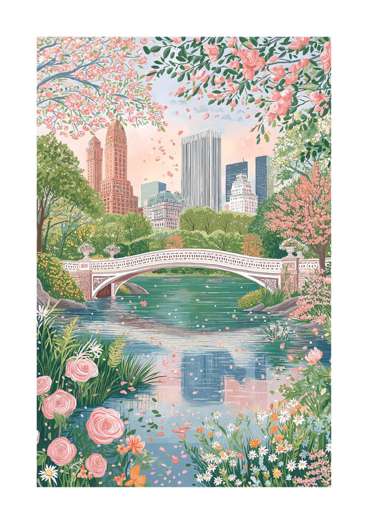 Central Park Bow Bridge Poster — Cherry Blossom NYC Spring Skyline Wall Art