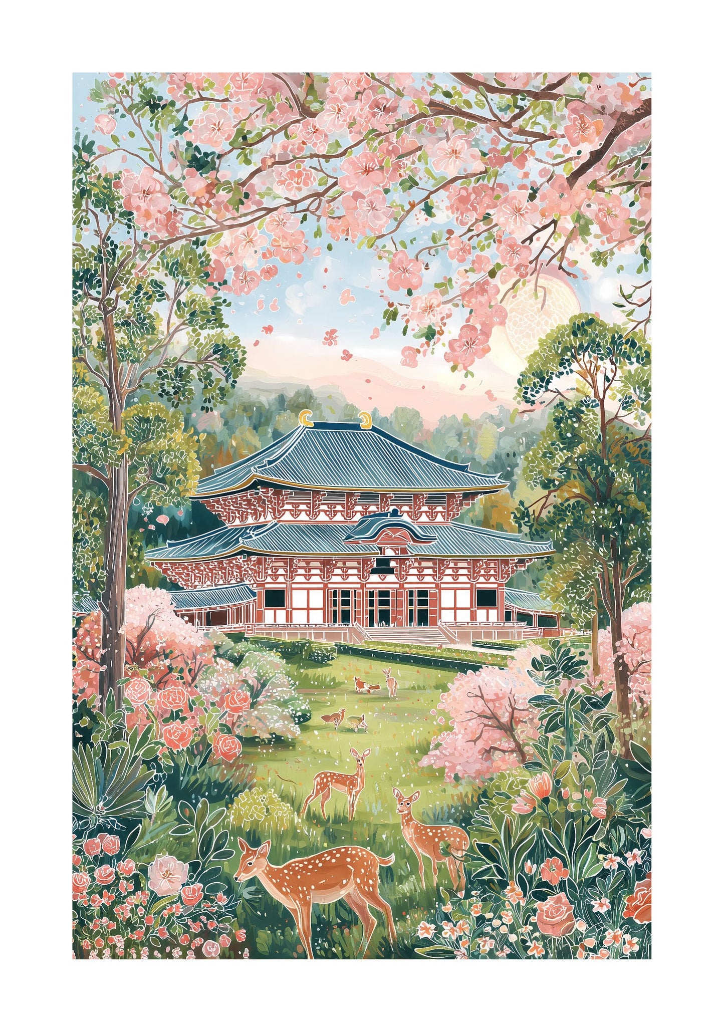 Japan Travel Poster — Nara Spring Todai-ji Temple & Deer Cherry Blossom Print