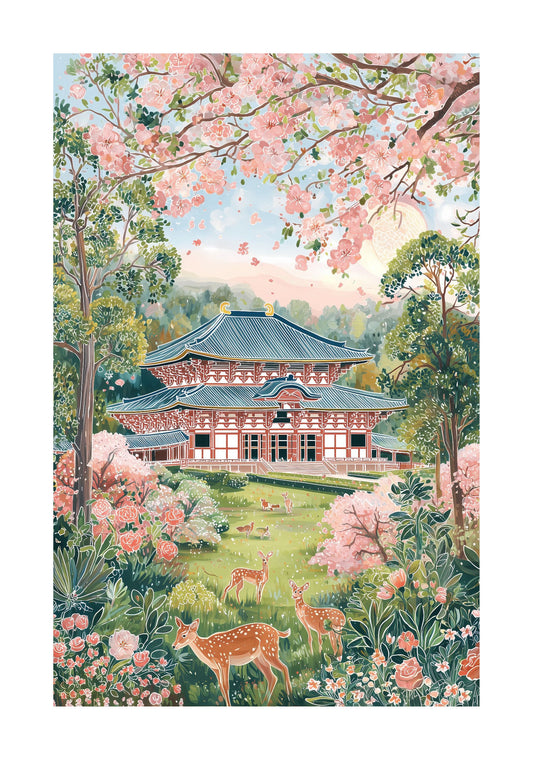Japan Travel Poster — Nara Spring Todai-ji Temple & Deer Cherry Blossom Print