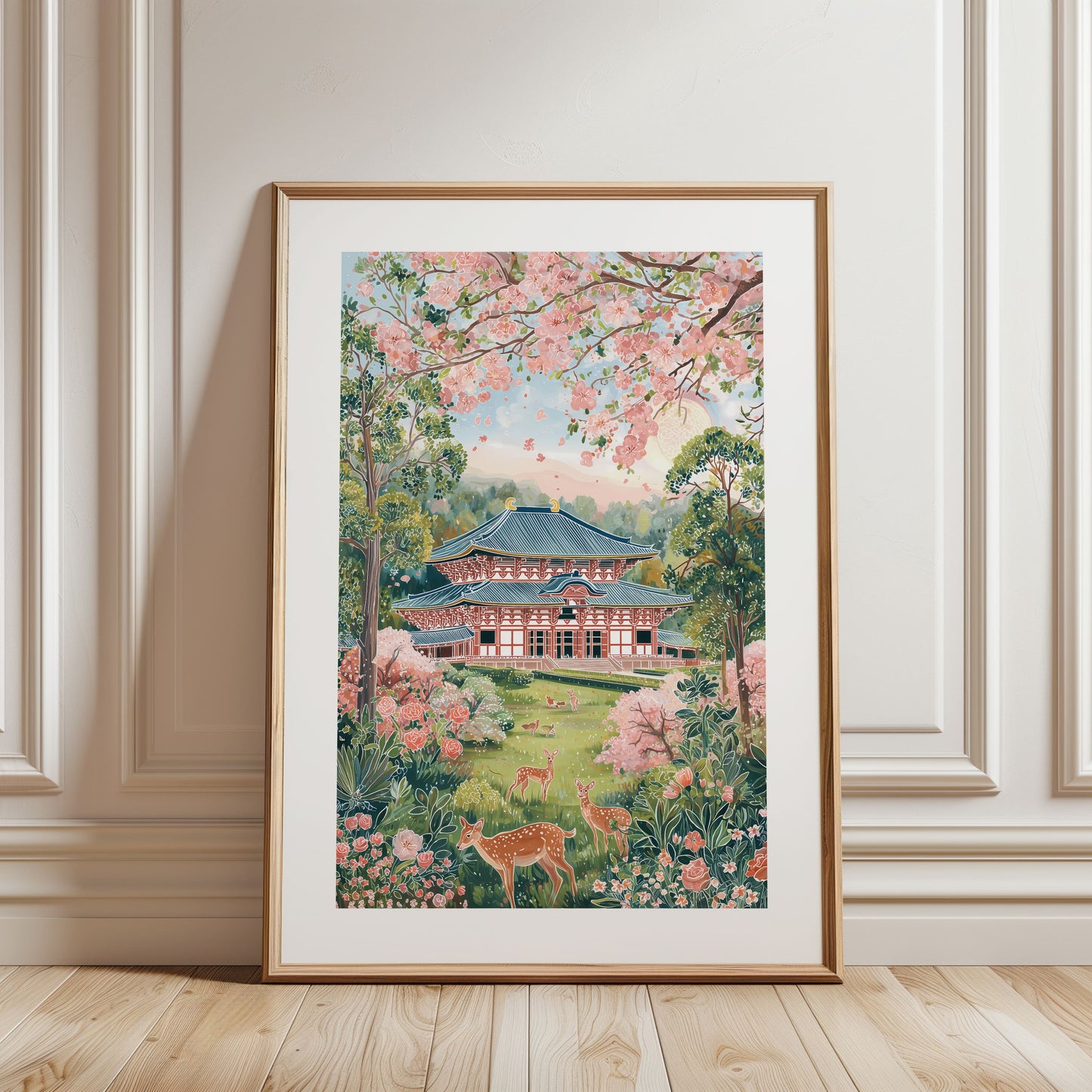 Japan Travel Poster — Nara Spring Todai-ji Temple & Deer Cherry Blossom Print