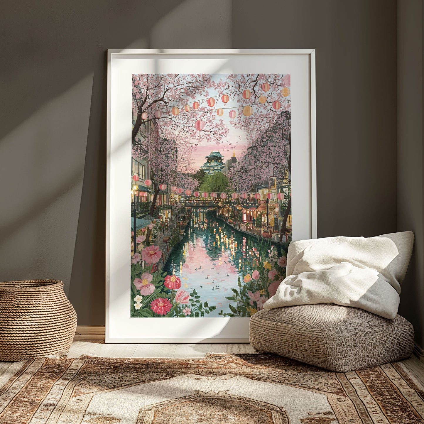 Osaka Japan Travel Poster — Cherry Blossom Canal & Osaka Castle Wall Art
