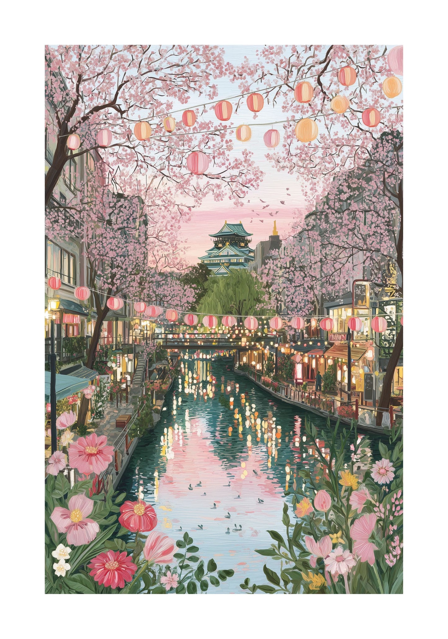 Osaka Japan Travel Poster — Cherry Blossom Canal & Osaka Castle Wall Art