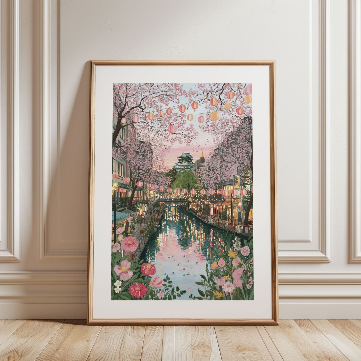 Osaka Japan Travel Poster — Cherry Blossom Canal & Osaka Castle Wall Art