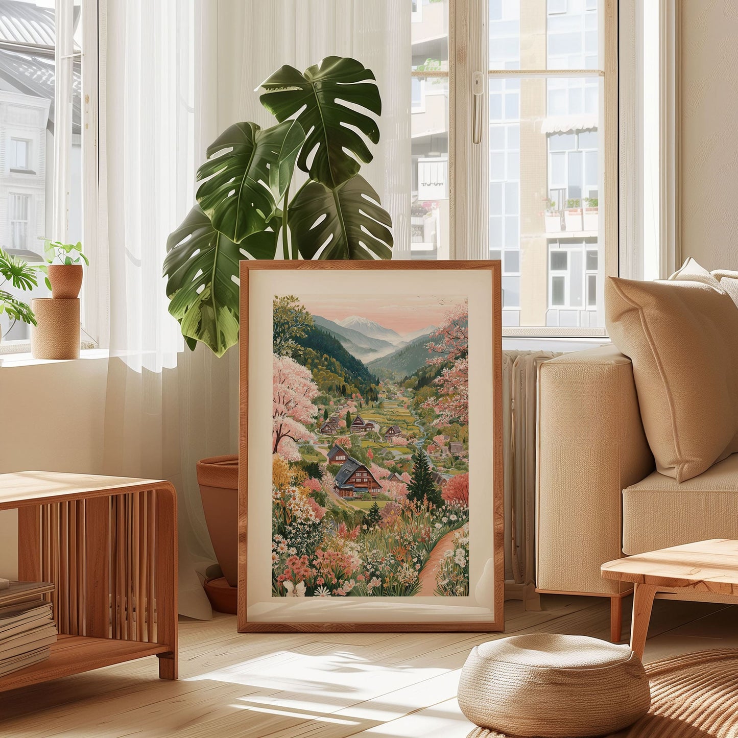 Japanese Countryside Poster — Sakura Village Cherry Blossom Landscape Print
