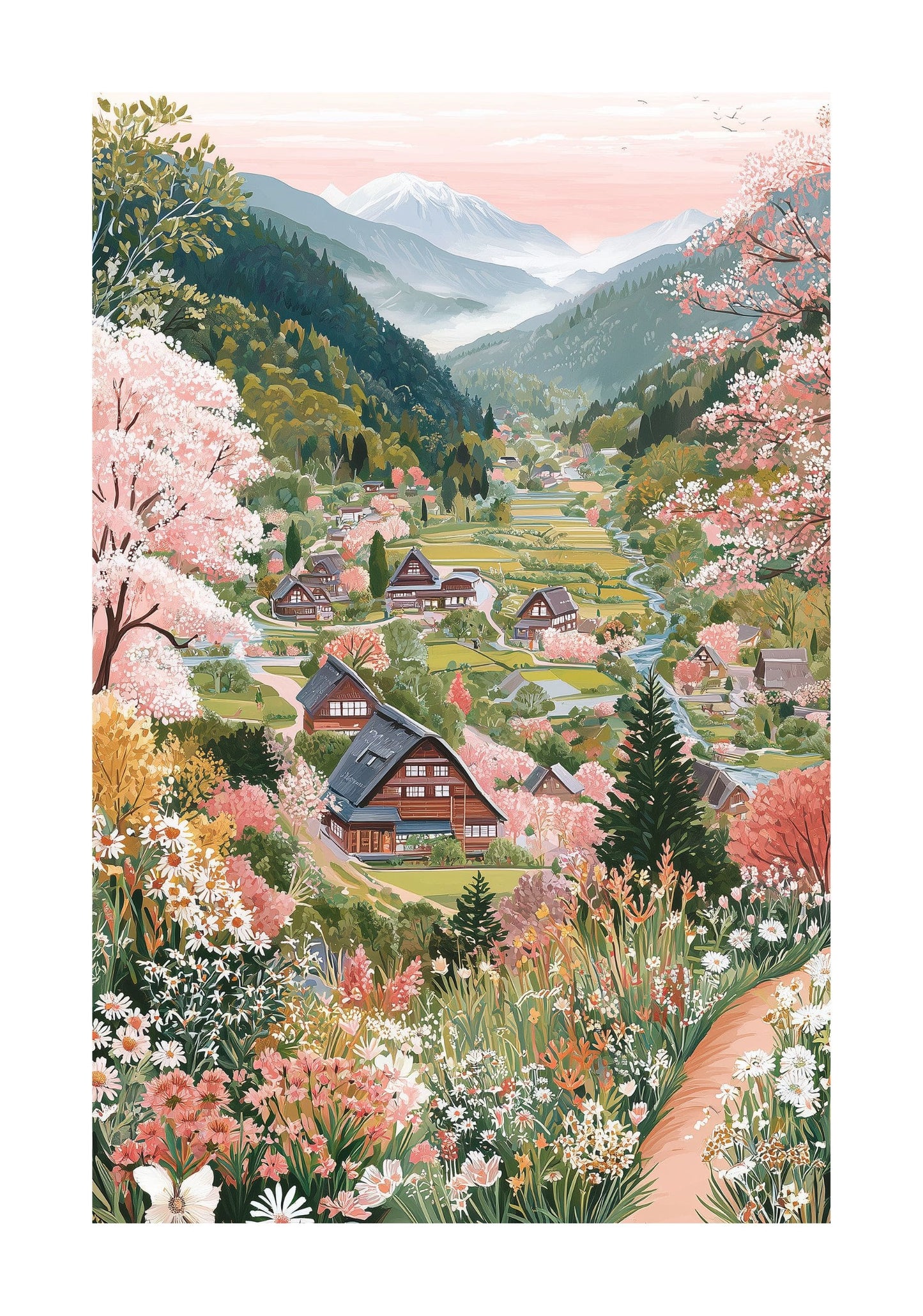 Japanese Countryside Poster — Sakura Village Cherry Blossom Landscape Print