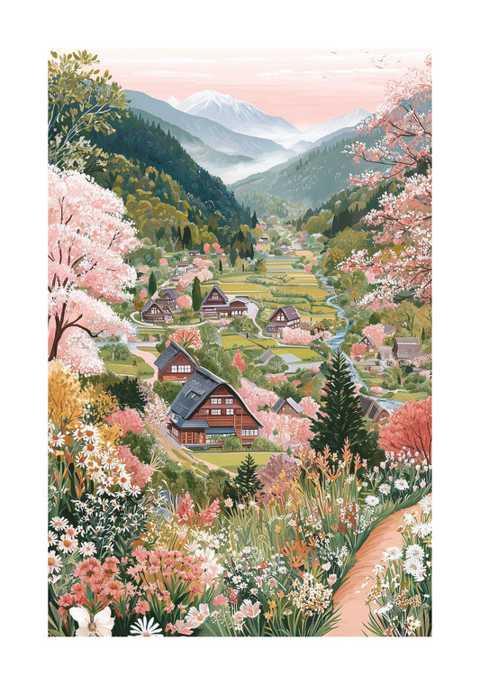 Japanese Countryside Poster — Sakura Village Cherry Blossom Landscape Print