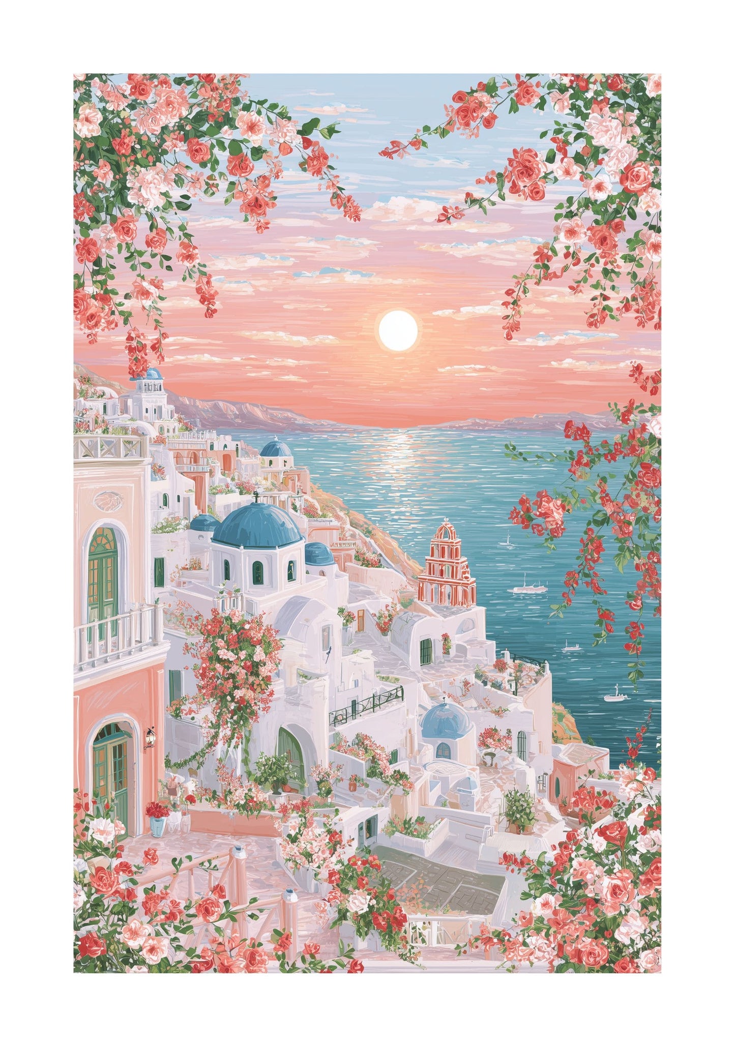 Santorini Travel Poster — Romantic Greek Island Sunset Wall Art