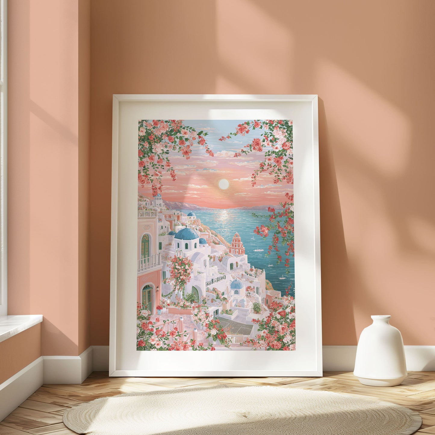 Santorini Travel Poster — Romantic Greek Island Sunset Wall Art