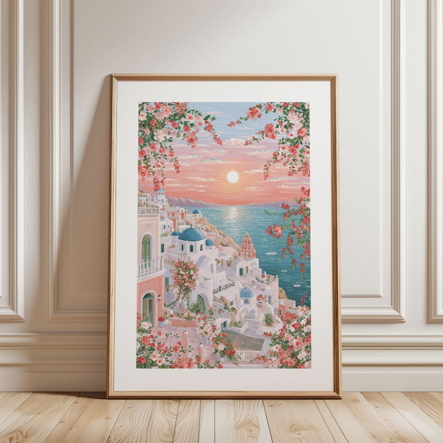 Santorini Travel Poster — Romantic Greek Island Sunset Wall Art