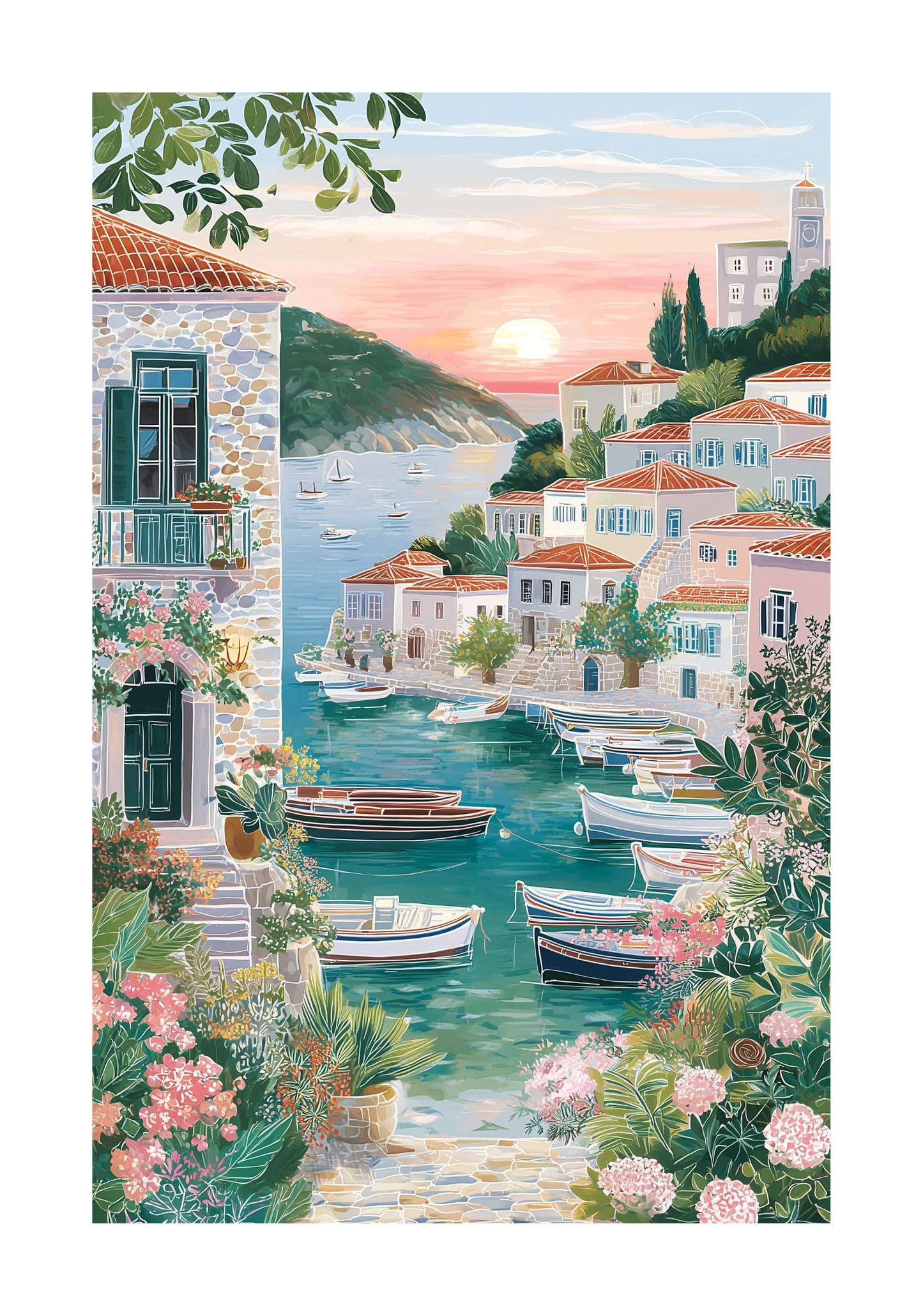 Hydra Greece Travel Poster — Romantic Greek Island Sunset Wall Art