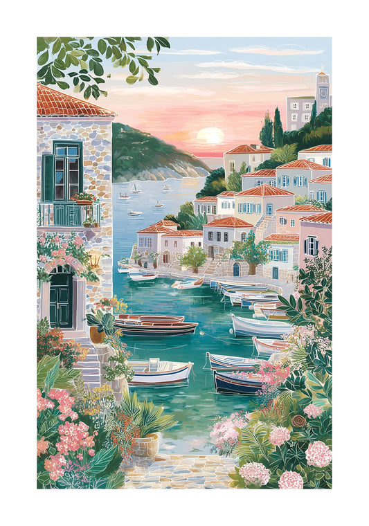 Hydra Greece Travel Poster — Romantic Greek Island Sunset Wall Art