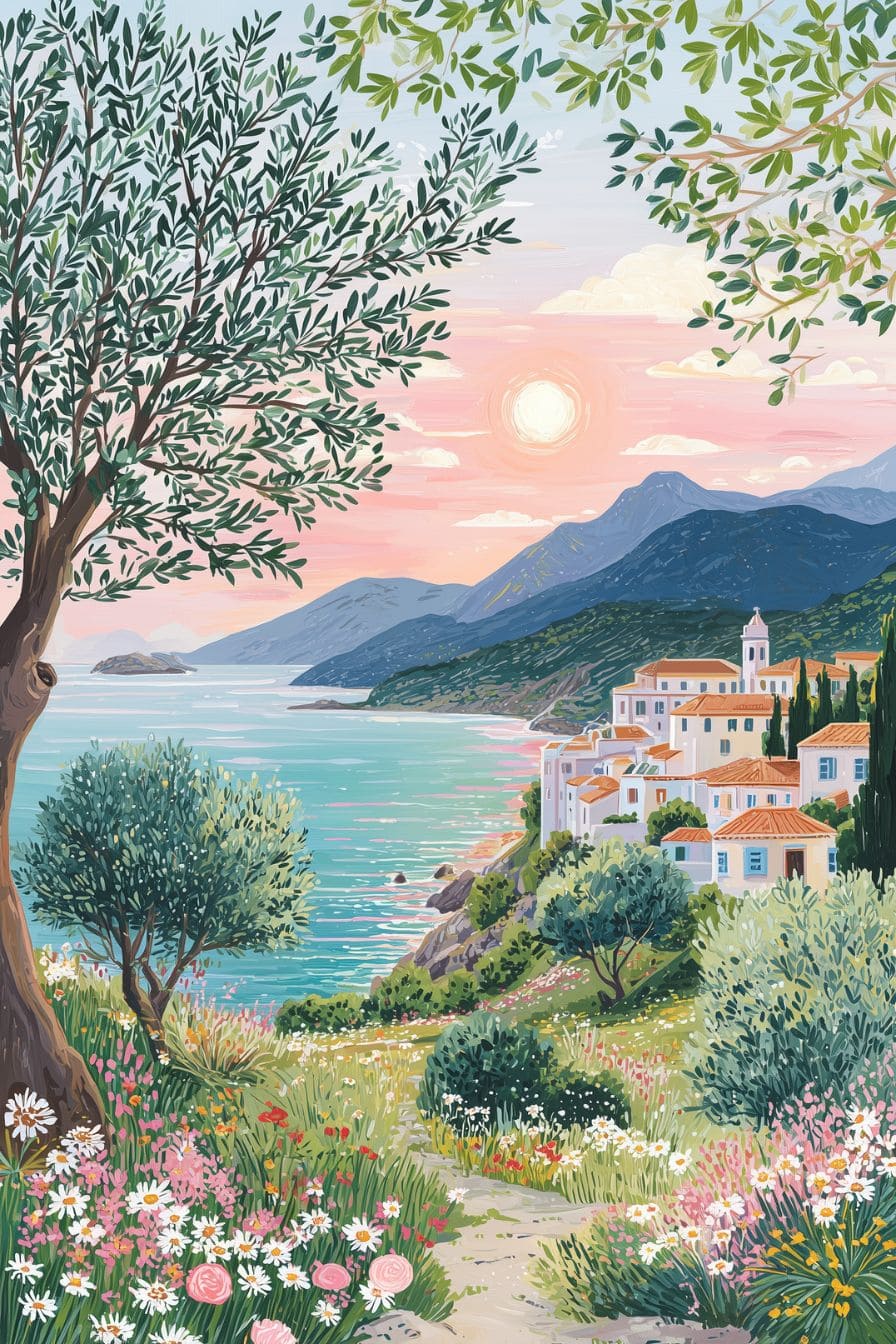 Crete Greece Travel Poster — Mediterranean Coastal Wall Art with Olive Tree