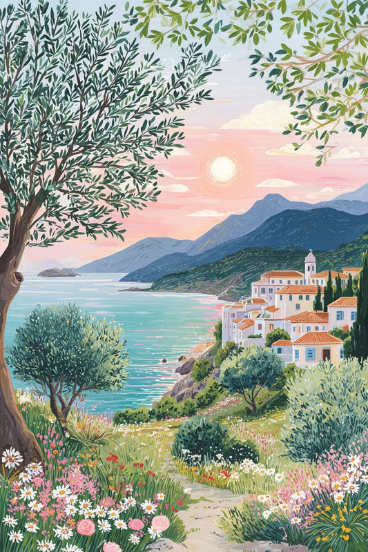 Crete Greece Travel Poster — Mediterranean Coastal Wall Art with Olive Tree