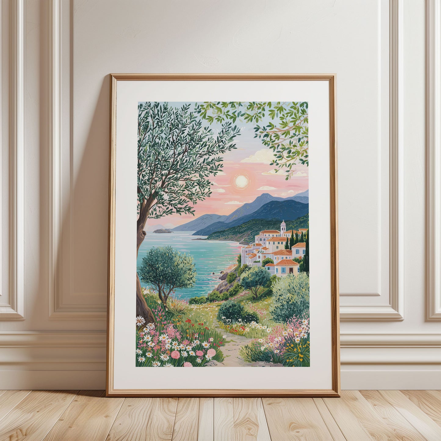 Crete Greece Travel Poster — Mediterranean Coastal Wall Art with Olive Tree
