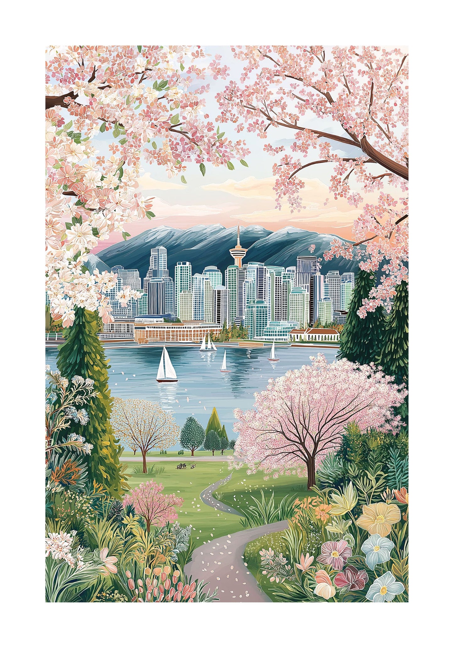 Vancouver Spring Cherry Blossom Skyline Poster — Pacific Northwest Travel Wall Art