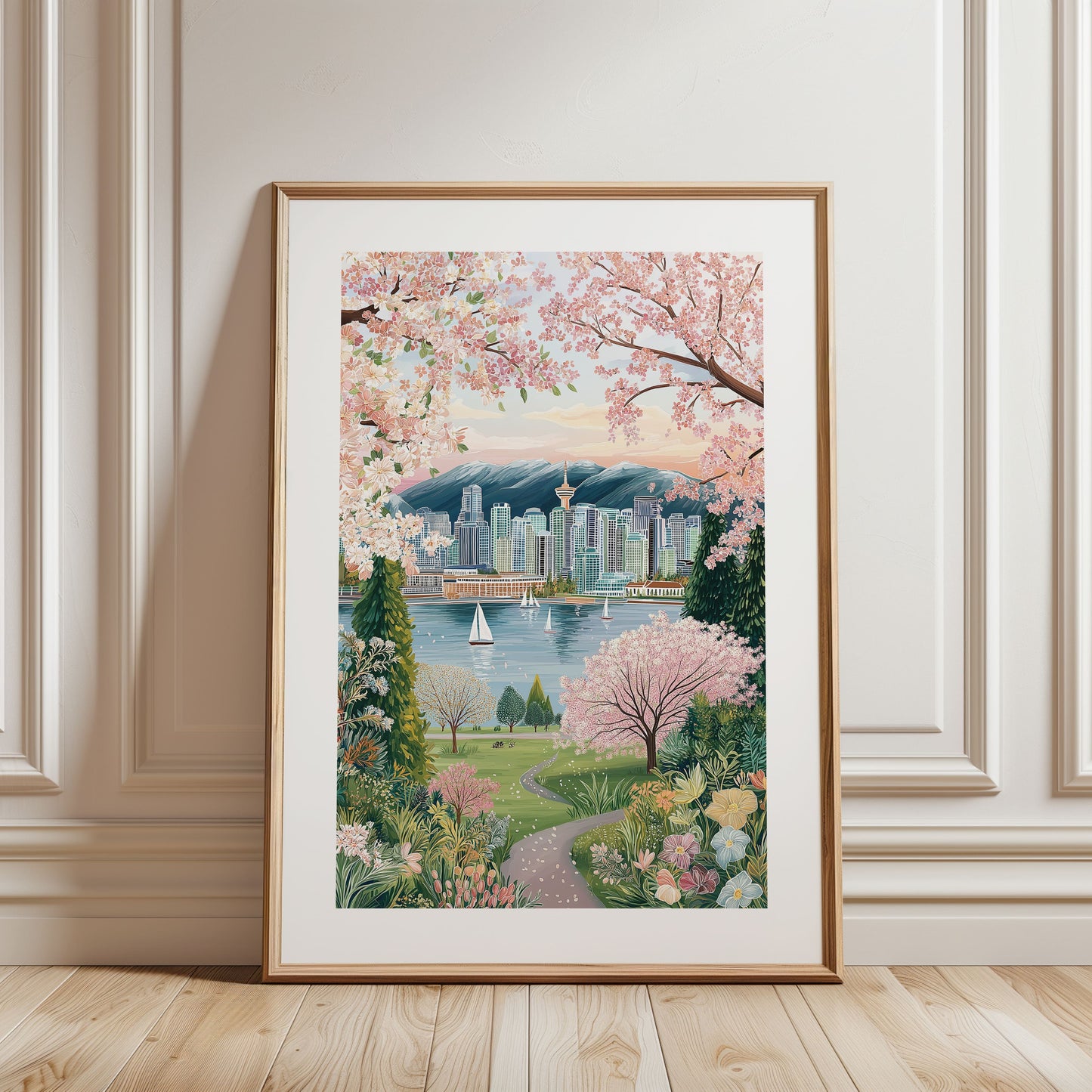 Vancouver Spring Cherry Blossom Skyline Poster — Pacific Northwest Travel Wall Art
