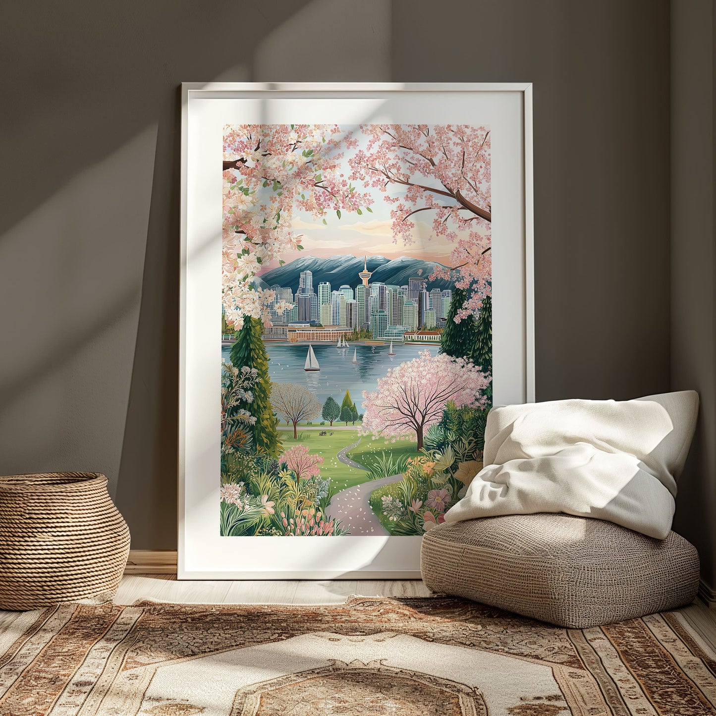 Vancouver Spring Cherry Blossom Skyline Poster — Pacific Northwest Travel Wall Art