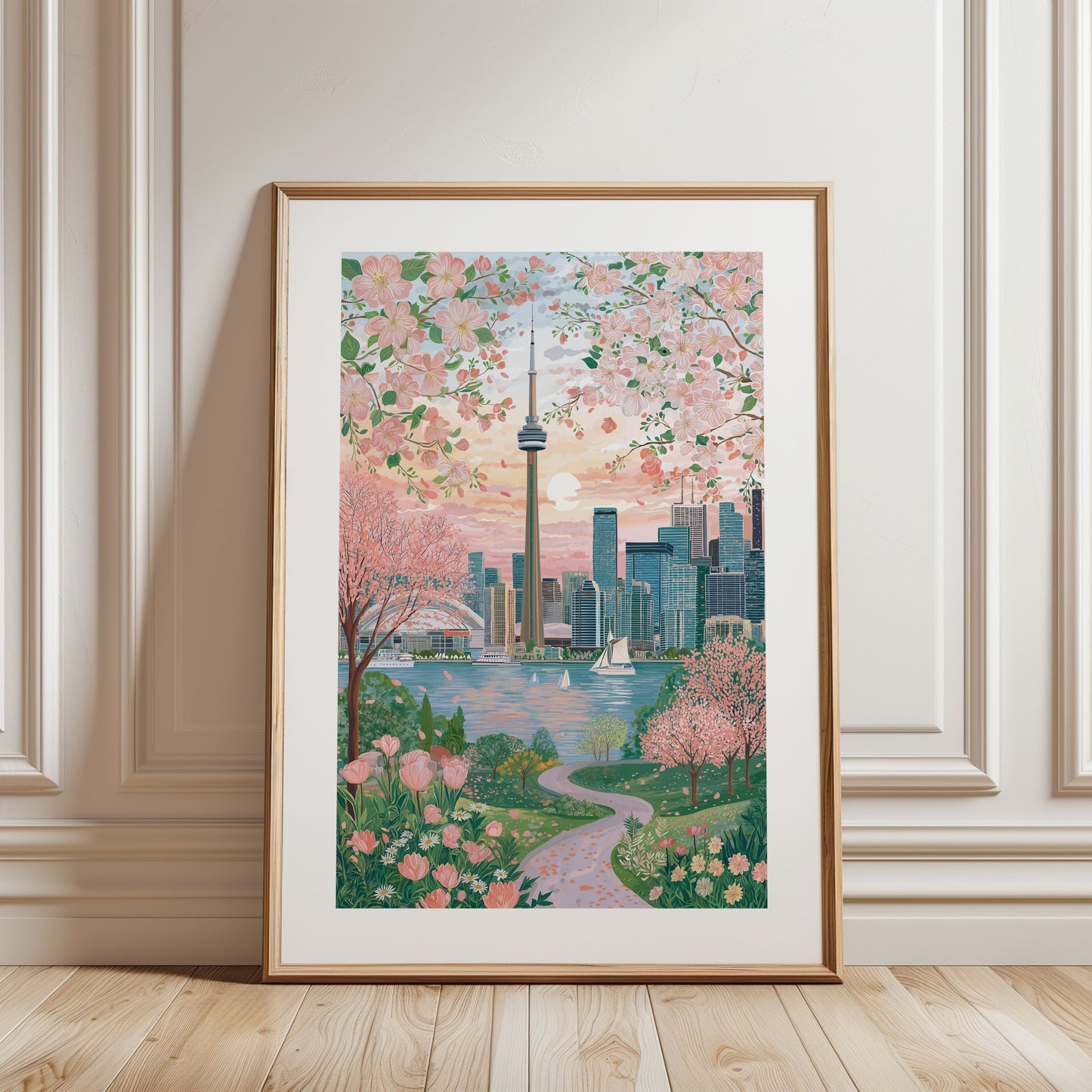 Toronto Spring Floral Cityscape Poster — CN Tower Pastel Travel Art