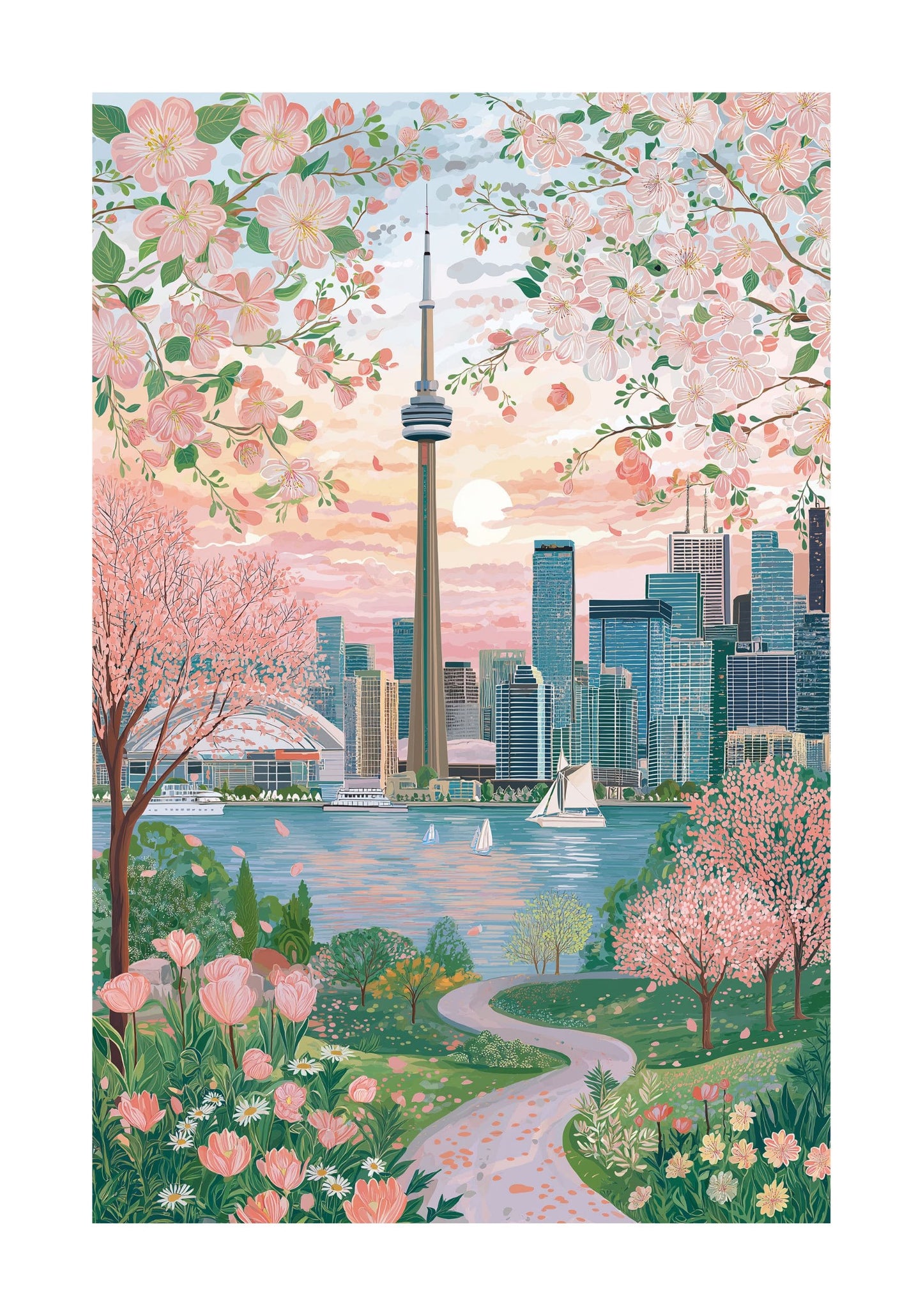 Toronto Spring Floral Cityscape Poster — CN Tower Pastel Travel Art