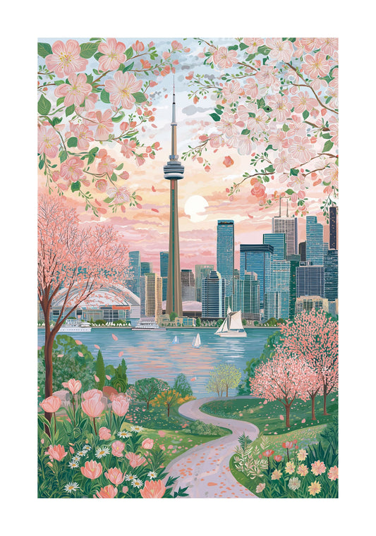 Toronto Spring Floral Cityscape Poster — CN Tower Pastel Travel Art