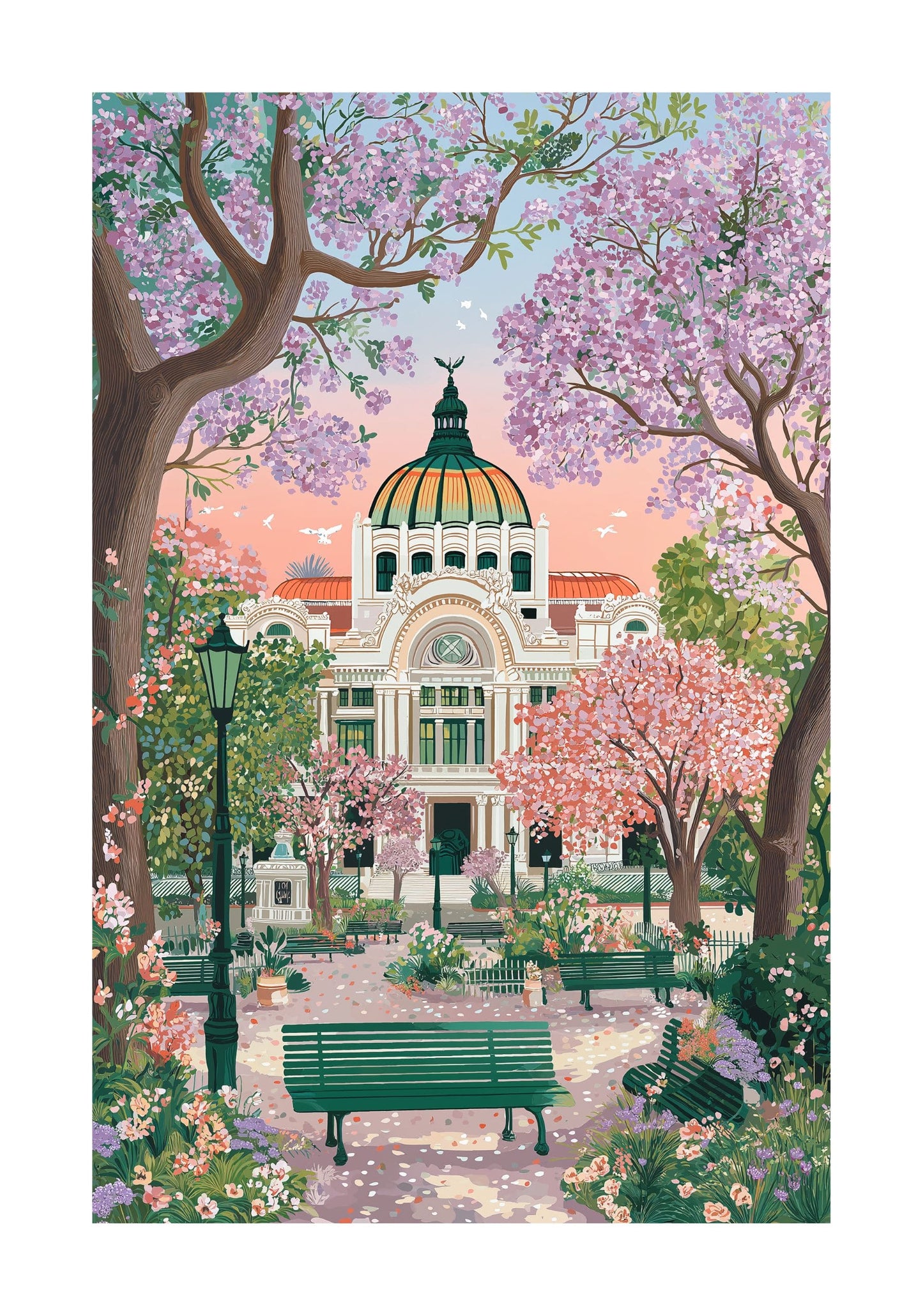 Mexico City Spring Poster — Palacio de Bellas Artes Floral Travel Art