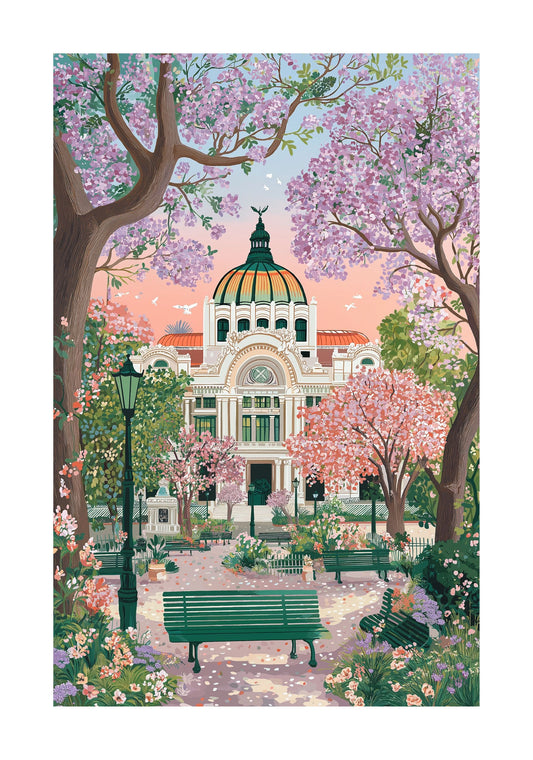 Mexico City Spring Poster — Palacio de Bellas Artes Floral Travel Art