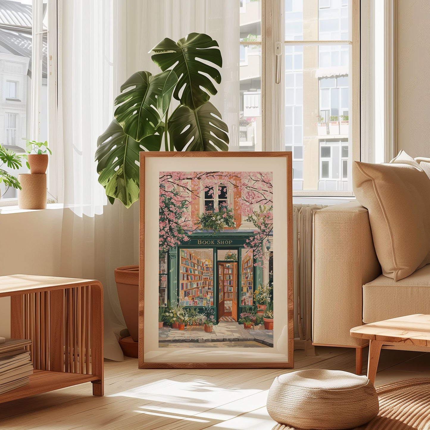 Spring Bookshop Poster — Cozy Floral Reading Nook Wall Art for Book Lovers