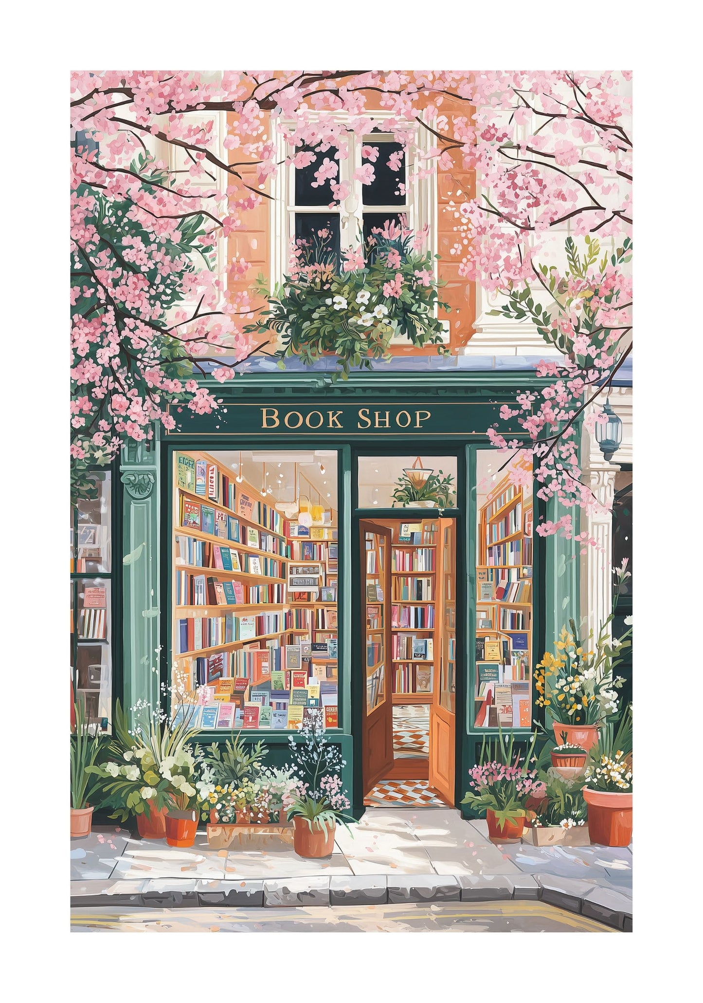 Spring Bookshop Poster — Cozy Floral Reading Nook Wall Art for Book Lovers