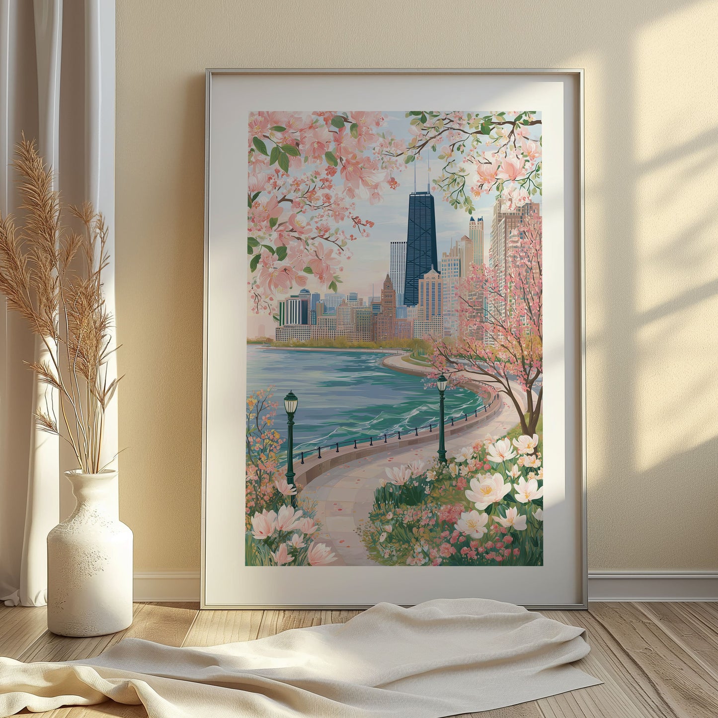 Chicago Lake Michigan Skyline Poster — Spring Floral Waterfront City Art