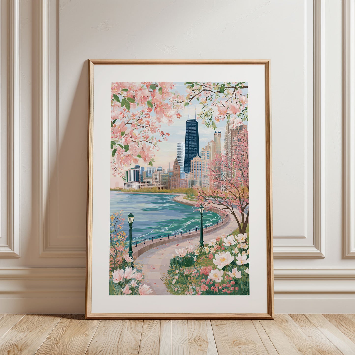 Chicago Lake Michigan Skyline Poster — Spring Floral Waterfront City Art