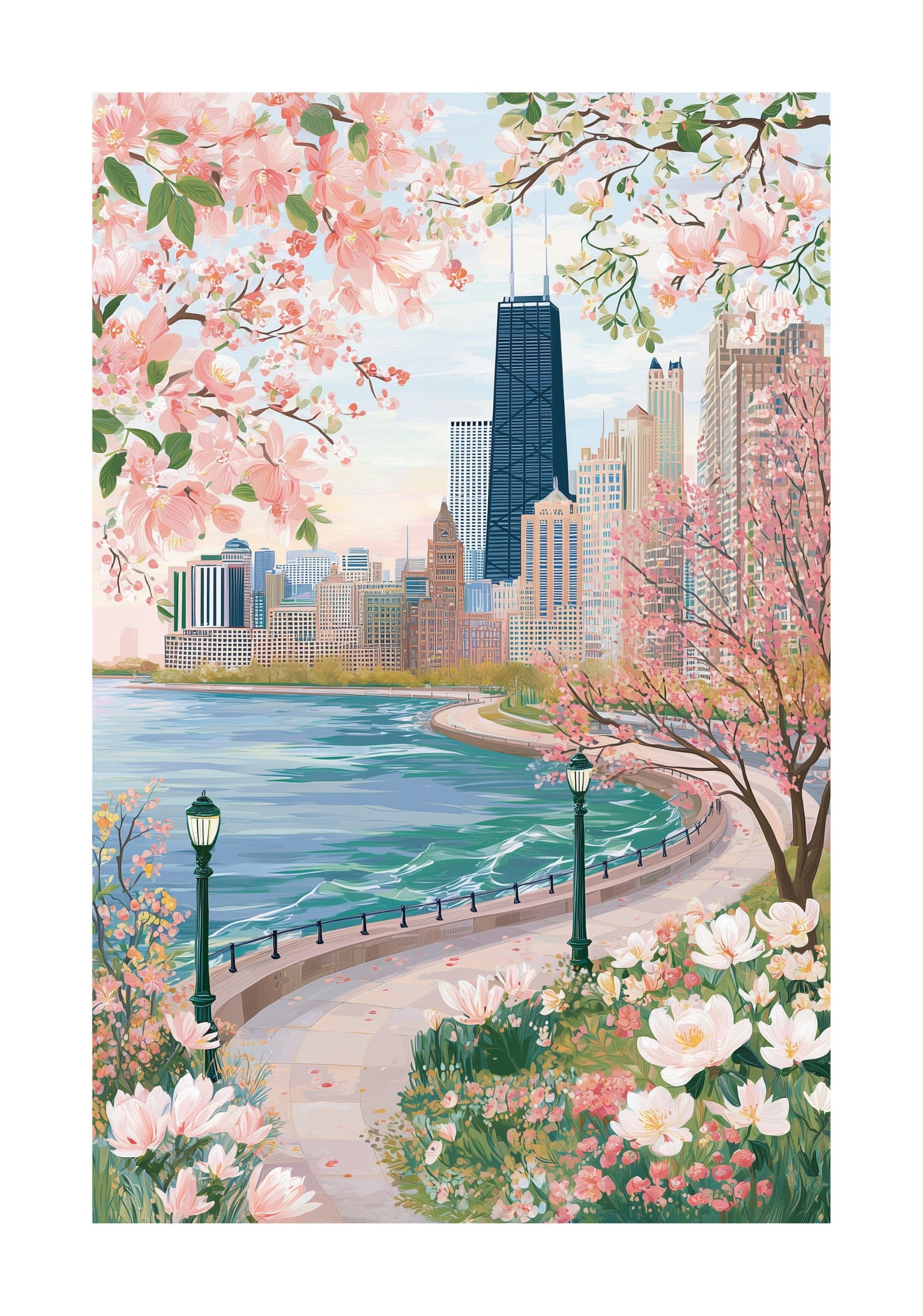 Chicago Lake Michigan Skyline Poster — Spring Floral Waterfront City Art