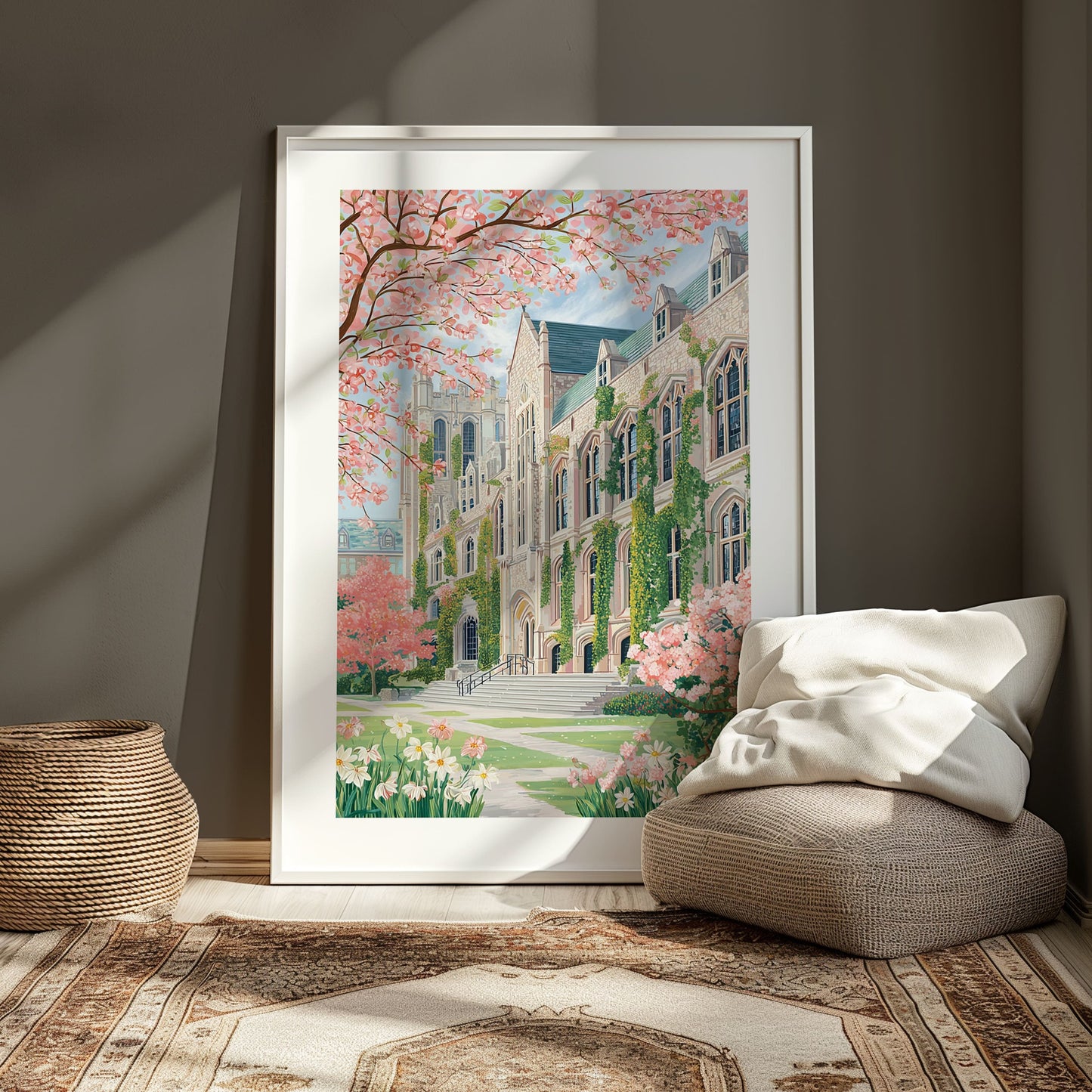 Northwestern Evanston Spring Poster — Pink Campus Illustration Wall Art