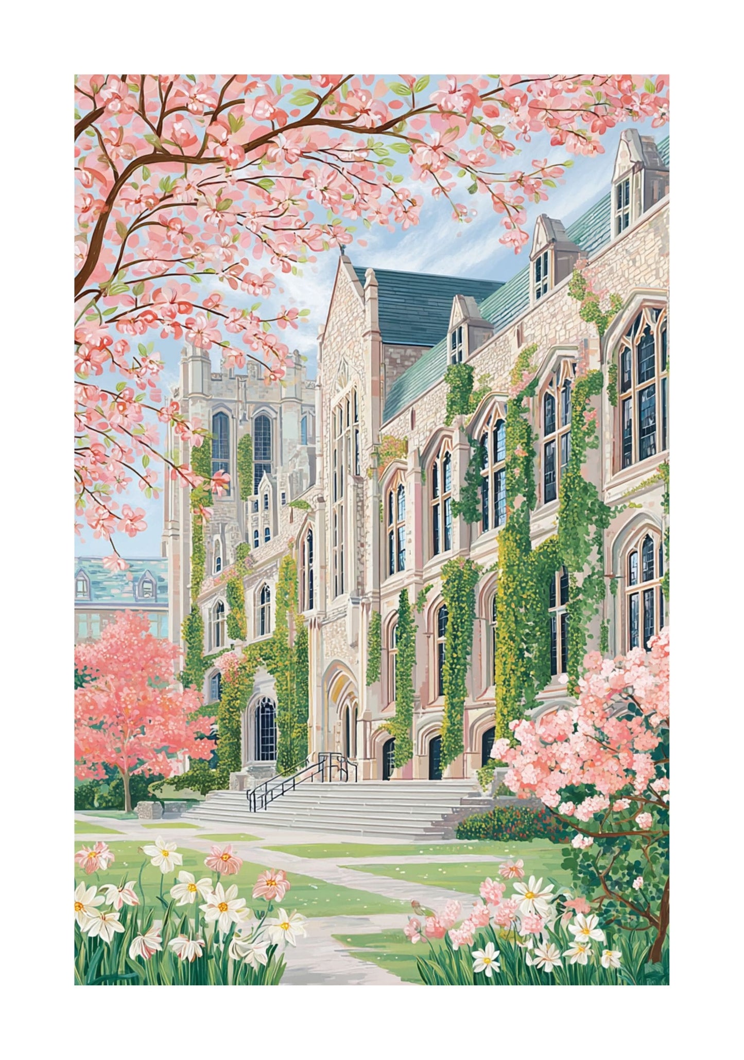 Northwestern Evanston Spring Poster — Pink Campus Illustration Wall Art