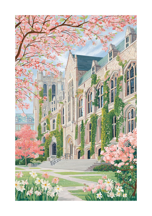 Northwestern Evanston Spring Poster — Pink Campus Illustration Wall Art